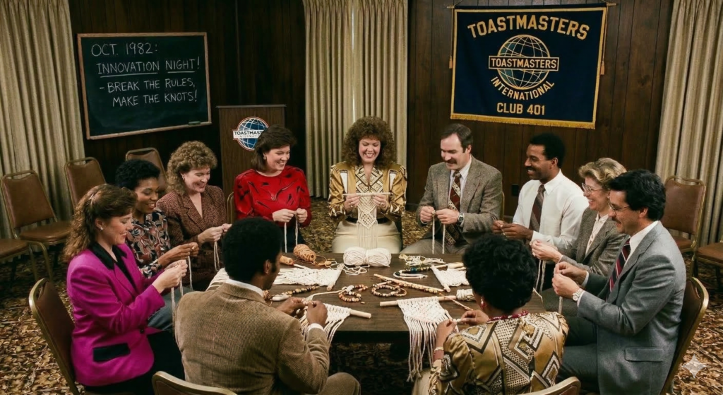 A group of Toastmasters creating macramé